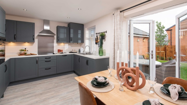 The modern kitchen with French doors in the Kennett